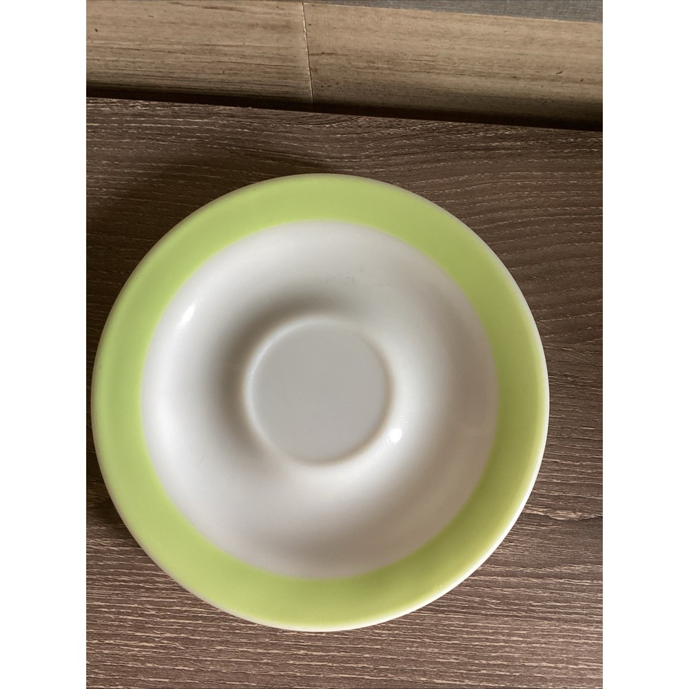 Vtg Pyrex Tea Cup Saucer Plate 1950s Milk Glass With Lime Green Rim